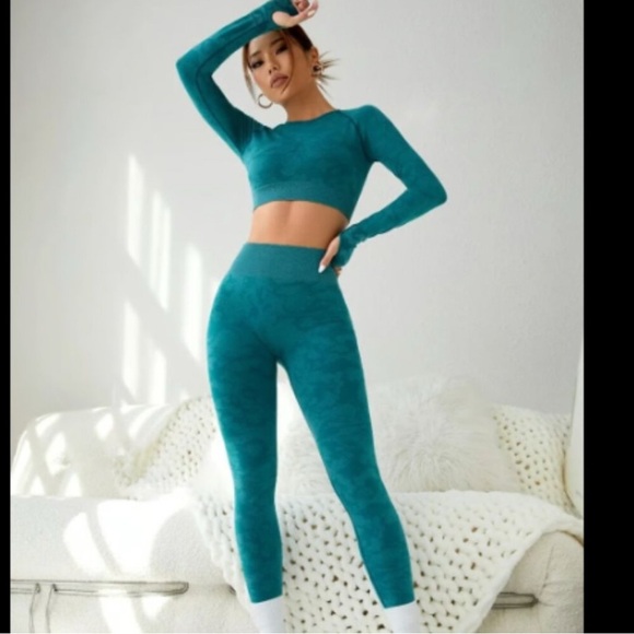 Pants - Seamless Leggings and Long Sleeve Crop Top Matching Set